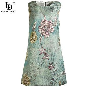 Mode Runway Designer Summer Mini Dress Dames Mouwloze Vintage Elegante Bloem Jacquar Een lijn Korte 210522