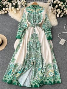 Mode piste vert rose Maxi robe femmes vêtements à manches longues lanterne simple boutonnage imprimé fleuri ceinturé fête robes 240113