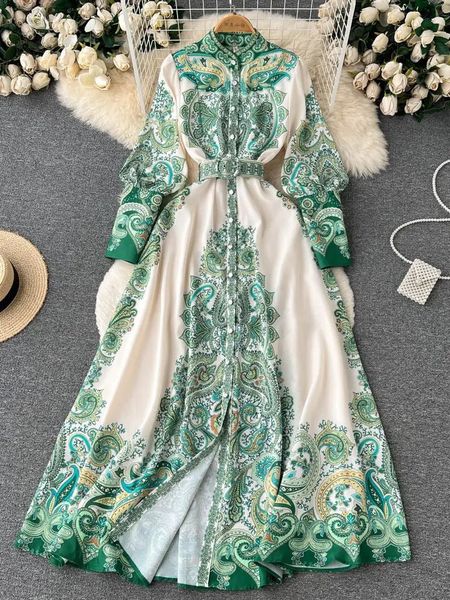 Mode piste vert rose Maxi robe femmes vêtements longue lanterne manches simple boutonnage imprimé fleuri ceinturé fête robes 240221