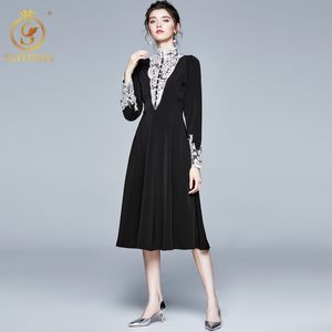 Mode Runway Lange Jurken Dames Volledige mouw Kant Patchwork Vintage Elegant Black Party Vestido da Festa 210520