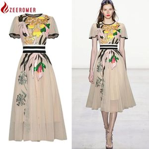 Fashion Runway Midi Dress Party Summer Vintage Bordado de lujo Flower Ruffles Elegante Mesh de alta calidad Slim 240410