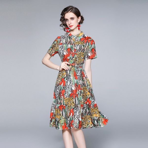 Fashion Runway Spring Dress Femmes Charme Tiger Animal Print Mid Vintage Stand Col Robes à manches courtes avec ceinture 210514