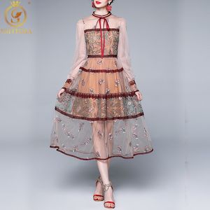 Fashion Runway Spring Prachtige Bow Party Midi Dress Dames Lange Mouw Luxe Kant Mesh Borduurwerk Vintage Vestidos 210520