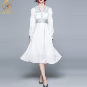 Mode piste printemps robe mi-longue femmes à manches longues Jacquard Patchwork perlé Vintage femme plissé Vestidos 210520