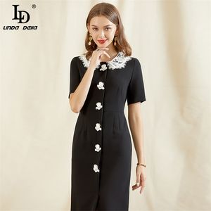 Mode piste robe d'été femmes à manches courtes fleur bouton perles blanc dentelle Patchwork mince dames noir 210522