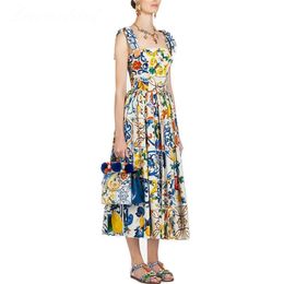 Fashion Runway zomerjurk Dames Red Rose Vacation Vacation Vaitse Vacature Long Bow Spaghetti Strap Blue White Porselein Floral Dress LJ200812