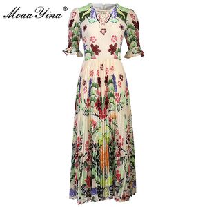 Robes d'été de piste de mode femmes manches évasées plissées imprimé floral élégant vacances robe midi 210524