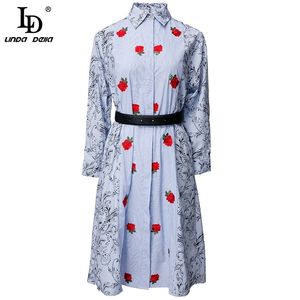 Mode piste été broderie robe mi-longue femmes à manches longues élégant rayé imprimé bohème chemise style robes 210522