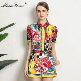 Fashion Runway Verano Conjuntos de dos piezas Estampado floral para mujer Camisas sueltas y pantalones cortos Traje 210524