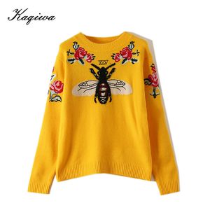 Mode piste femmes pull automne hiver broderie florale abeille Animal à manches longues jaune pull pull hauts B-006 201031