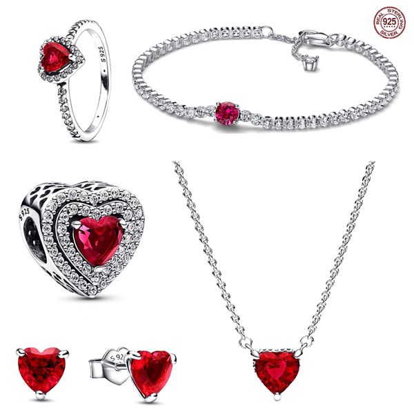 Mode S925 Pur Argent Rouge Amour Anneau Boucles D'oreilles Collier Flash Bracelet Convient aux Femmes Charme Pandora Bijoux Accessoires Livraison Gratuite