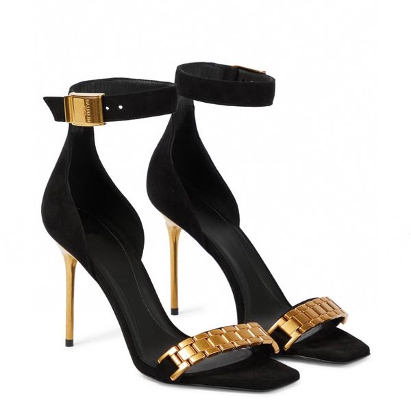 Sandales de mode dernière sangle en métal doré embellie accessoires matériels talons à bout carré chaussures pour femmes à talons hauts de 10 cm 35-42 avec sandale boîte