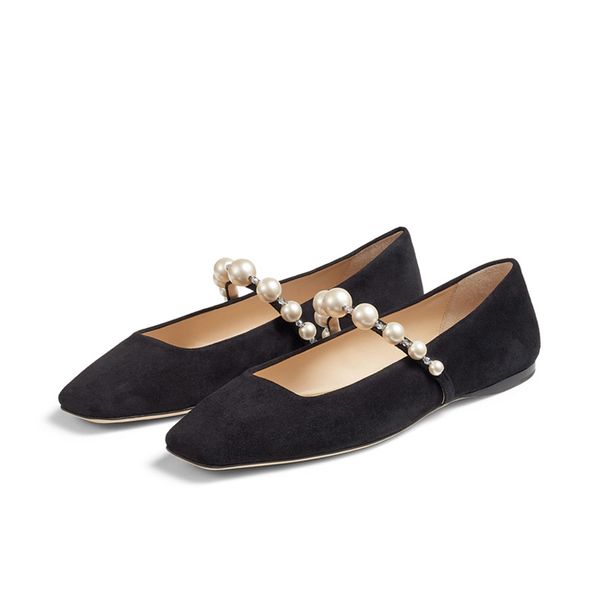 Sandalias de moda Mujer Bailarinas Delicada ADE FLAT Italia Perlas Cadena de tobillo adornada Gamuza negra Desnuda Punta cuadrada Diseñador Ballet Pisos Sandalia Tacones altos EU 35-43