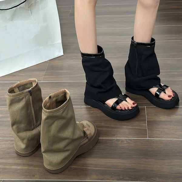 Mode sandales femmes haute qualité Denim pantalon bottes orteil fond épais tongs talons hauts sandales modernes bottes taille 35-39