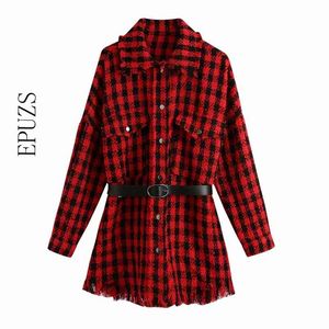 Mode Ceintures Rouge Tweed Veste Manteau Femmes Manteau d'hiver Vintage À Manches Longues À Manches Longues Plaid Femme Oversize Outwear 210521