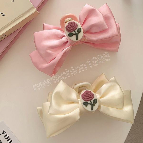 Fashion Satin Big Bow Hair Claws Elegant Femmes Double Side Roses Ponytail Clip Barrette Headress Hair Accessoires