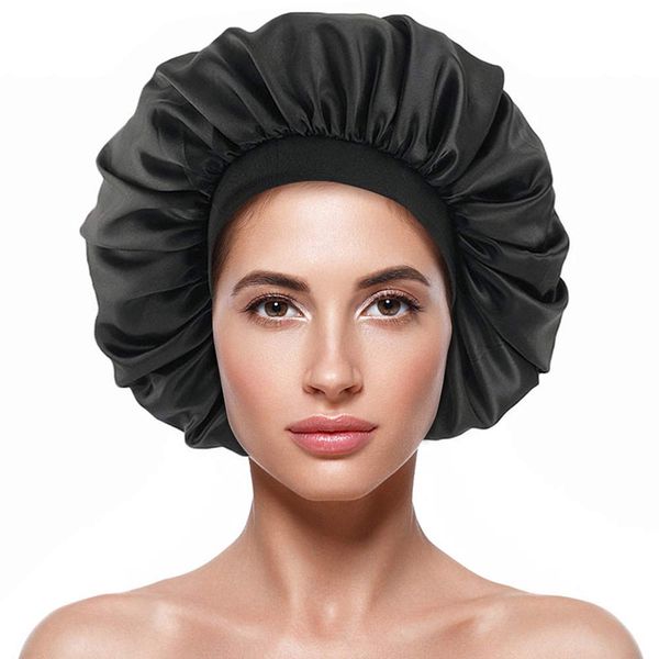 Mode Satin Bonnet Soie Bouclés Cheveux Longs Naturels Bonnet De Sommeil Femmes Nuit Extra Large Bandeaux Surdimensionnés Avec Bande Élastique