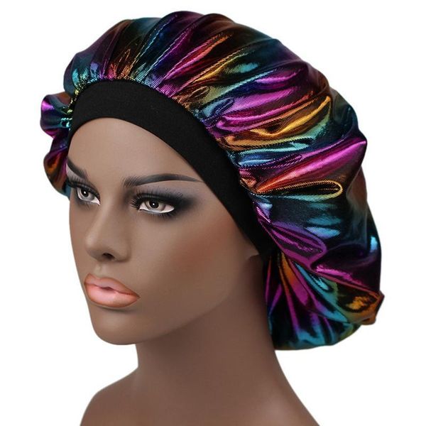 Mode Satin Laser couleur à large bord chapeau de bain Bonnet de couchage soins des cheveux Bonnet Bonnet de nuit pour femmes hommes unisexe casquette Bonnet