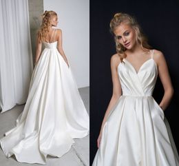 Mode Satijnen Trouwjurk 2021 Custom Size Sexy Spaghetti Bandjes Ruched Ploegen Een lijn Simple Bridal Gowns Vestido de Noiva Mariage