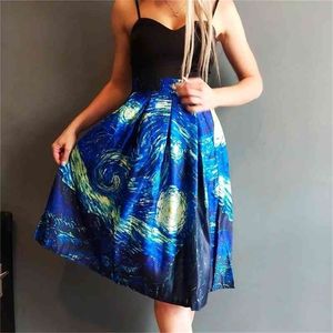 Mode Satin Femmes Vintage Van Gogh Stare Stare Sky Huile Peinture 3D Imprimer Taille haute Taille Rockabilly Tutu jupe bouffante rétro SK057 210724