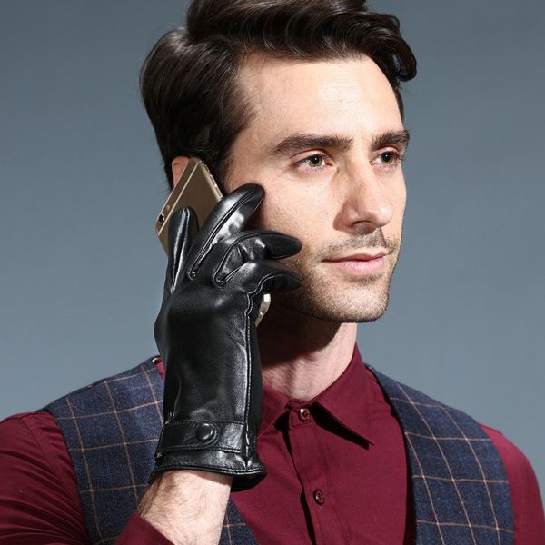 Guantes de hombre con pantalla de moda simulación guantes de cuero lavados costillas otoño e invierno PU más terciopelo grueso moda coreana conducción invierno delgado