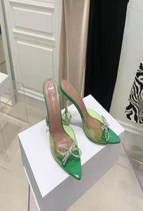 Chaussures de la saison de la mode Amina Italie Muaddi Mules Green Glass Slippers PVC Crystal Bow Sandals9951039