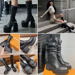 Botas secretas de moda Wolfe desnuda Mujeres Spice Botas elásticas Cicatriz de lujo Piel de becerro negra Cuero genuino Botas de plataforma estables elásticas Diseñador Botas elásticas