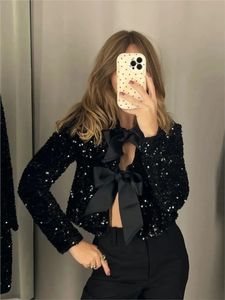 Veste à lacets avec nœud à paillettes pour femme, manteau Chic et brillant, col rond, manches longues, Y2k, manteau court, couleur unie, vêtements d'extérieur de fête, 240307