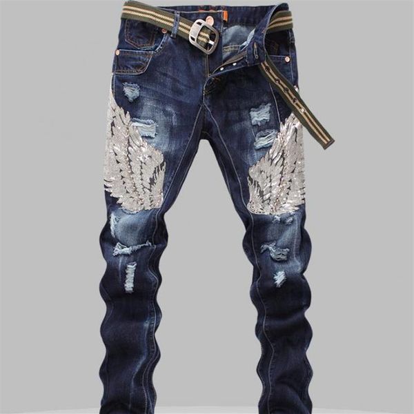 Mode-Sequin Hommes Jeans Mâle Aigle Ailes Broderie Couture Paillettes Trou Jeans Slim Pantalon Côtelé Hommes Robin Jeans259N