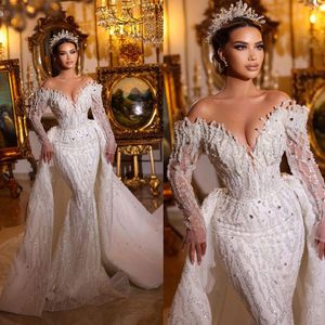 Robe De mariée sirène en dentelle pailletée De mode sur l'épaule cristal col en V arabe trompette robes De mariée Robe De soirée