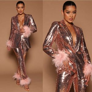 Mode -lovertjes vrouwen broek pakken elegante roze veer vhals blazer en breedbeen 2 stuks sets
