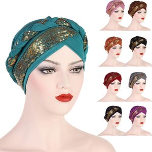 Mode Paillettes Tresses Turban Chapeau pour Femmes Prêt-à-Porter Africain Headtie Femme Partie Tête Wraps Turbante Mujer Musulman Hijab