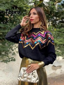 Mode paillettes décor tricoté pull pour femmes décontracté col rond Lloose Ong manches pulls haut automne femme Street Club pulls 231220