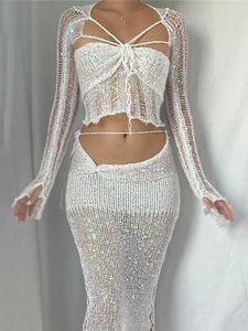 Fashion Sequins Hollow Out Knitted Four Piece Set Women Slim Strapless Crop Top High Waisted Chic Mini Skirt Set