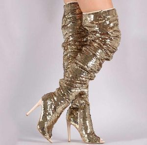 Mode Pailletten Peep Teen Vrouwen Dij Hoge Laarzen Sexy Stiletto Hoge Hakken Schoenen Glitter Over The Knee Ladies Boots Party Shoes
