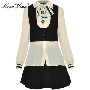 Mode set lente dames lange mouwen blouses + kleine vest tops + rok preppy stijl driedelige pak 210524