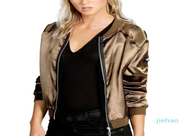 Moda Sexy Negro Plata Cremallera Satén Bomber Chaqueta Mujer Abrigos Básicos Señoras Primavera Otoño Abrigo Top Manga Larga Abrigo Sobretodo Out3938423