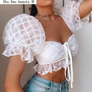 Mode sexy chique kant patchwork crop top vrouwen zomer party avond stijl diepe v-hals korte blouses vrouwelijke shirts 210514