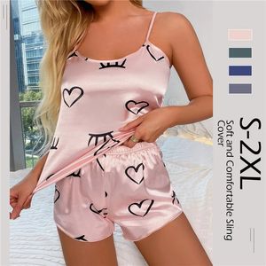 Mode Sexy Bloemen Pyjama Set Dames 2 Stuks Nachtkleding Pyjama Zijde Satijn Cami Top en Shorts Pyjama voor Vrouwen liefde 240219