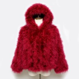 Mode Sexy véritable veste de fourrure d'autruche à capuche 100% naturel réel manteau de fourrure de dinde dame chaud doux à manches longues décontracté