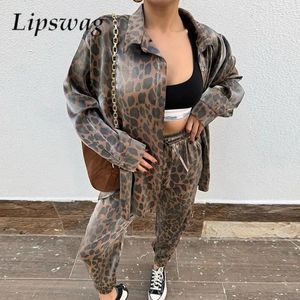 Fashion Sexy Leopard Print Loose Blouse Sortifts Shirt Top à manches longues et pantalons de taille haute combinaison Femmes Sport décontracté Set 240419