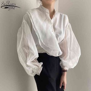 Mode sexy losse witte vrouwen shirt Koreaans doorzien door blouse vrouwen bladerdeeg lange mouw mesh elegante kleding 11256 210427