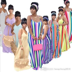 2022 Vestidos de mujer Diseñador Delgado Sexy Colorido Raya Impreso Vestido Suelto Casual Tirante Falda Con Pañuelo En La Cabeza