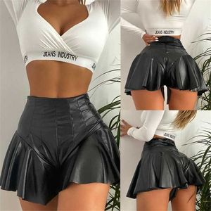 Moda Sexy PU Shorts Mujer Falda plisada Buttock A-line Ruffle Faldas cortas de cuero