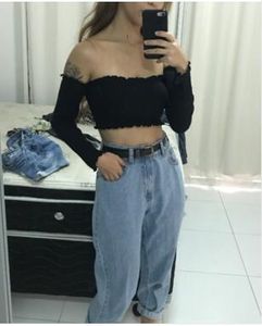 Mode Sexy Ruches Elastische Slash Hals Tee Nieuwe Vrouwen Off Shoulder Hollow Out lange mouw korte t-shirt Crop Top 3 kleuren trend