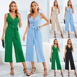 Moda, sexy, corte entallado, temperamento, body sin mangas con botones y cuello en V, talla exterior, manga recta, pantalones de longitud media, talla grande para mujer