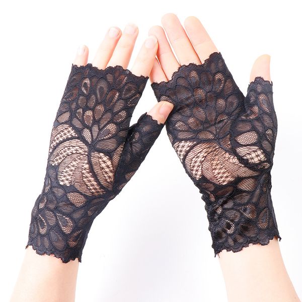 Guantes de encaje cortos de medio dedo para mujer de verano sexys a la moda, guantes de sol sin dedos con patrón de flores rosas para conducir para mujer