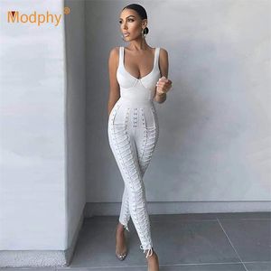 Moda Sexy blanco mujer 2 piezas conjunto chaleco Top con cordones cintura alta lápiz pantalones traje Club fiesta Bodycon ropa femenina 210527