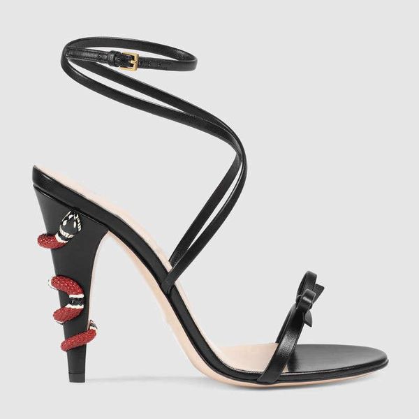 Moda-Sexy Mujeres Zapatos de tacones altos Serpiente de metal dorado Sandalias de tacón Señoras Tobillo Sttap Slingback Gladiador Zapato Mujer Fiesta Boda