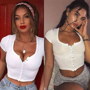 Mode Sexy Dames Korte Mouw Crop Top Button Vest Halster Casual White Tank Tops Blouse Shirt 210607